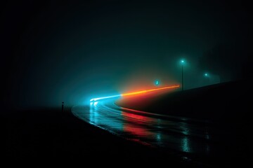 Night road, misty, vibrant lights