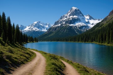 Snow-capped peaks lining a trail through the mountains
