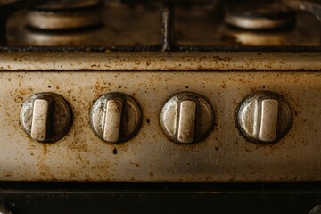 Macro shot of worn and greasy stove knobs with grime buildup