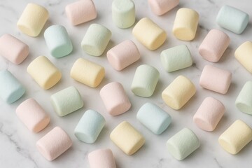 Close-up of pastel-colored marshmallows on a marble surface