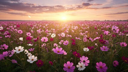 Obraz premium Autumn Cosmos Flower Field at Sunset