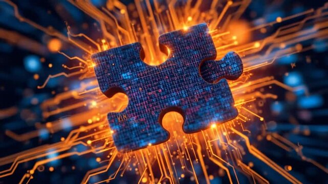 Puzzle pieces on a digital background symbolize the modular and interconnected nature of microservices architecture. 4k video