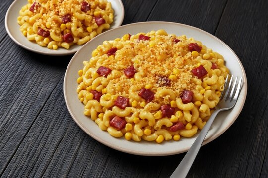 Creamy pasta with corn and crispy bacon topped with panko crumbs on a plate with a fork, dark wood background, vertical close-up