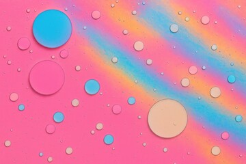Abstract vibrant backdrop featuring liquid oil and colorful drops on a pink surface with cosmic holographic design, minimalist pop art style for designers