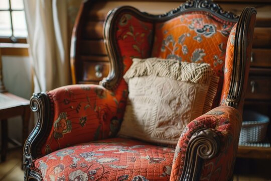 Comfortable vintage wingback armchair with floral upholstery and embroidered cushion invites relaxation in a classic interior setting