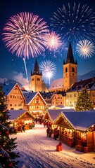 Naklejka premium Snowy Christmas market, fireworks over church