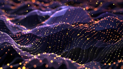 Dark purple and gold digital waves with glowing particles and bokeh lights for futuristic background
