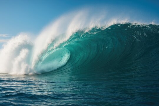 A cinematic portrayal of a deep blue ocean wave erupting and splashing on a bright summer morning. A colossal emerald-colored wave crashes forcefully, highlighting nature's strength. Stunning sea