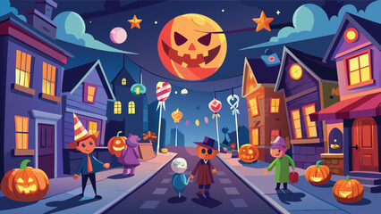 Halloween night scene with children trick or treating under a spooky moon and star decorations