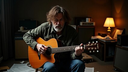 Obraz premium A man playing guitar alone in a messy room - creative chaos