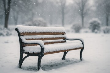 Snow-covered park bench set against a natural landscape