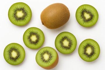 Fototapeta premium Close-up of sliced kiwi fruit on a white background from a top-down perspective