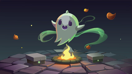 Cartoon ghost hovering over a campfire on a stone platform in a dark and mystical environment
