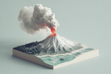 3D stylized volcano erupting over a miniature landscape