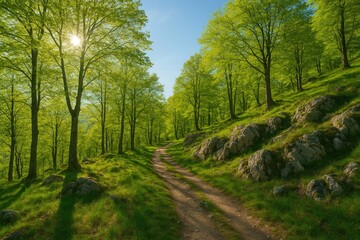 Fototapeta premium Bright and sunny spring scenery featuring a rugged forest with winding trails and lush greenery