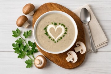 Creamy mushroom soup served on a rustic wooden platter