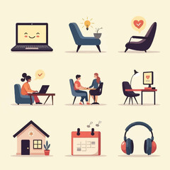 A set of nine minimalist illustrations depicting concepts such as remote work, therapy, home, and relaxation.