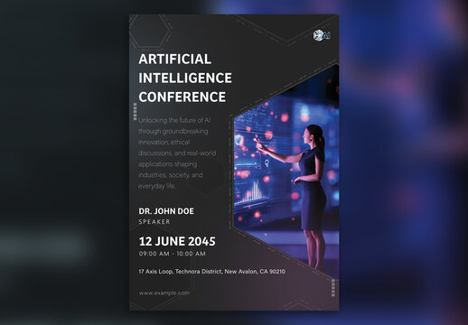 Editable AI Conference Flyer Template &ndash; Businesswoman with Futuristic Data Interface for A4 CMYK Print