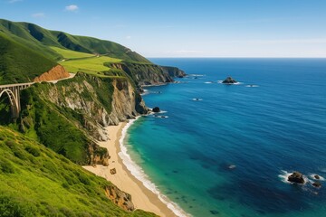 Obraz premium Gazing over lush spring hills and striking azure shores of the Pacific Coast on the scenic highway in central California