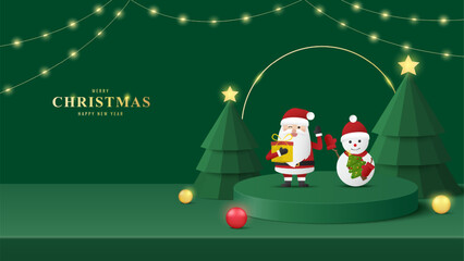 Merry christmas banner with cute santa claus and snowman character on green background for the celebration of Happy New Year. Vector illustration