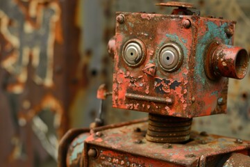 Close up of a rusty, vintage robot, evoking a sense of nostalgia and the evolution of technology