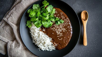 Chicken mole traditional Mexican dish on black plate with contrasting white rice, fresh cilantro leaves, sesame seed topping, gourmet presentation