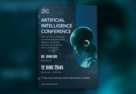 Artificial Intelligence Conference A4 Flyer &ndash; Futuristic AI Event Layout for Tech Summits & Seminars (CMYK, Print-Ready)