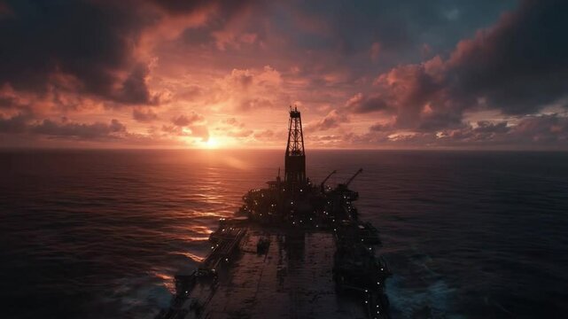 Oil drilling platform at sunset in the ocean with dramatic sky and colorful clouds