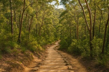 Fototapeta premium Trail featuring stone steps descending through a dense eucalyptus forest in the wilderness