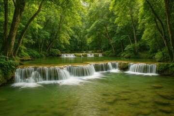 Obraz premium Scenic view of a waterfall surrounded by lush tropical forest in a national park