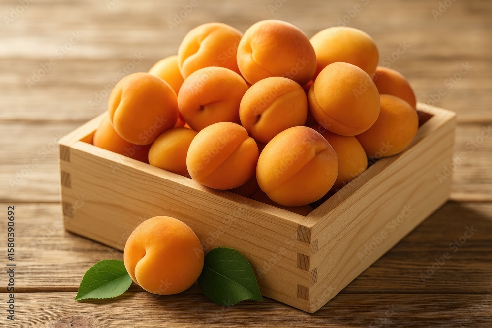 Poster fresh apricots displayed in a rustic wooden container against a natural wooden backdrop with gentle 
