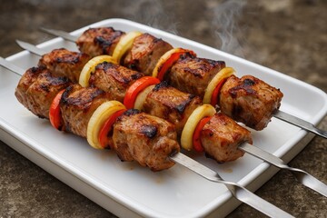 Barbecue featuring skewered meat with vegetables on a serving tray