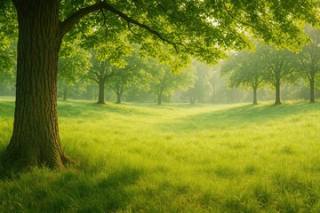 Fototapeta premium Lush green forest scene with towering trees and natural outdoor scenery