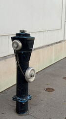 Viena, Austria - May 05, 2025: Black fire hydrant with silver fittings on sidewalk against a white...