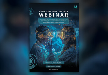 Artificial Intelligence Webinar A4 Flyer &ndash; Futuristic Virtual Event Template for Tech Talks & Online Conferences (CMYK, Print-Ready)