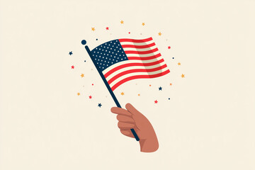 Hand holding an American flag surrounded by colorful stars on a light background