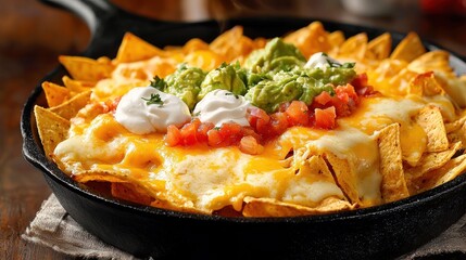 Cheese nachos freshly prepared in cast iron pan crispy tortilla chips smothered in melted cheese topped with guacamole sour cream salsa premium dining