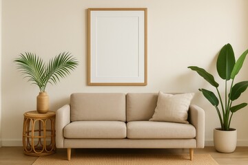 Contemporary living room with a sleek white vertical poster frame showcasing summer-themed decor