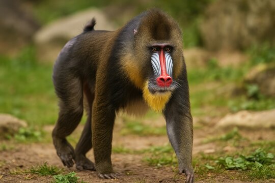 A mandrill strolling peacefully