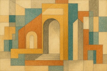 Fototapeta premium Handcrafted Paper Collage Featuring Colored Paper and Pencil Sketches with an Architectural Abstract Theme