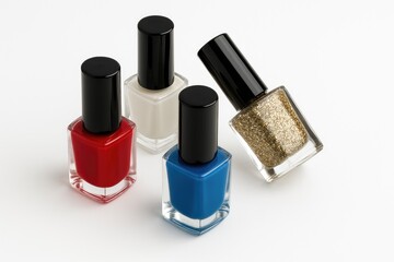 Obraz premium Still life composition of nail polish bottles on a white backdrop