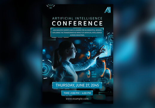 Artificial Intelligence Conference A4 Flyer &ndash; Futuristic Design Featuring Woman Using AI Interface for Tech Events
