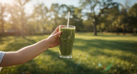 Person holding a glass of green smoothie with a straw in a park on a sunny day with trees behind