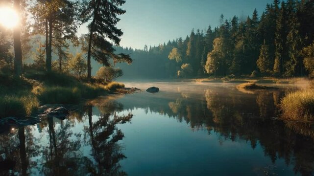 Serene River Scene in the Forest with Calm Water Reflections, Tall Green Trees, Misty Atmosphere, Natural Landscape with Lush Vegetation, Outdoor