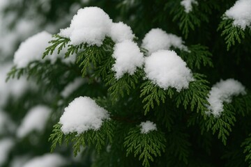 Snow-covered Thuja branches in winter