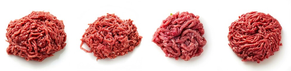 Assortment of Fresh Ground Beef Piles on White Background Ready for Cooking Preparation