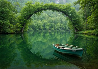Obraz premium Serene Green Lake with Natural Arching Tree Bridge and Rowboat