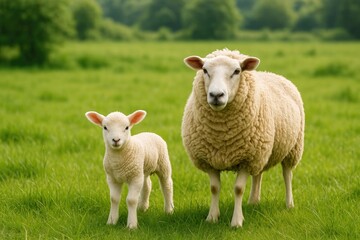Obraz premium A flock of sheep near a lamp in a lush green meadow