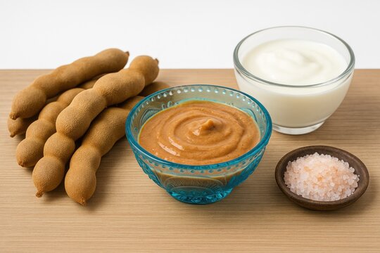 Natural tamarind facial mask ingredients displayed on a wooden board, including fresh tamarind, yogurt, and mineral salt, prepared in a blue glass bowl for skin purification.
