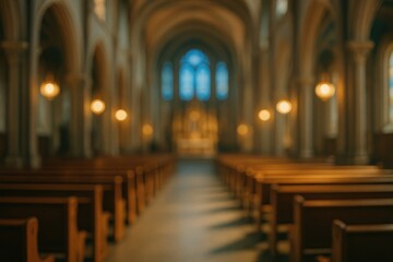 Interior view of a church with a walkway and seating area, featuring a blurred abstract background